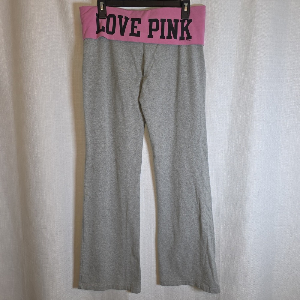 Vintage Y2K VS PINK Fold Over Flare Yoga Pants Gray L Love Pink